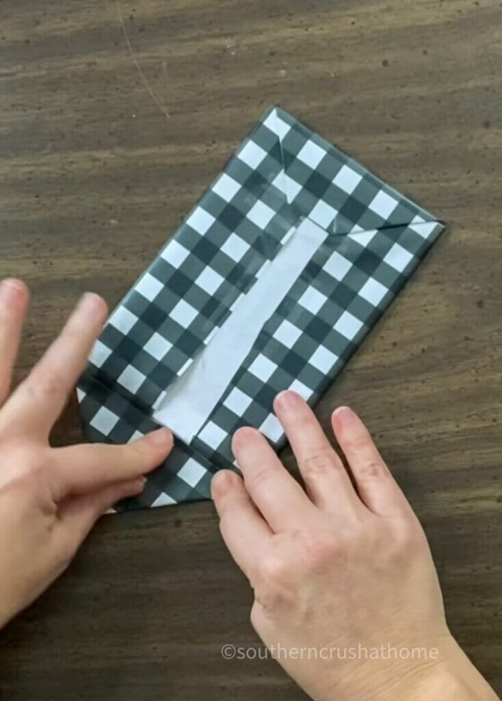 wrapping small canvas with buffalo check wrapping paper