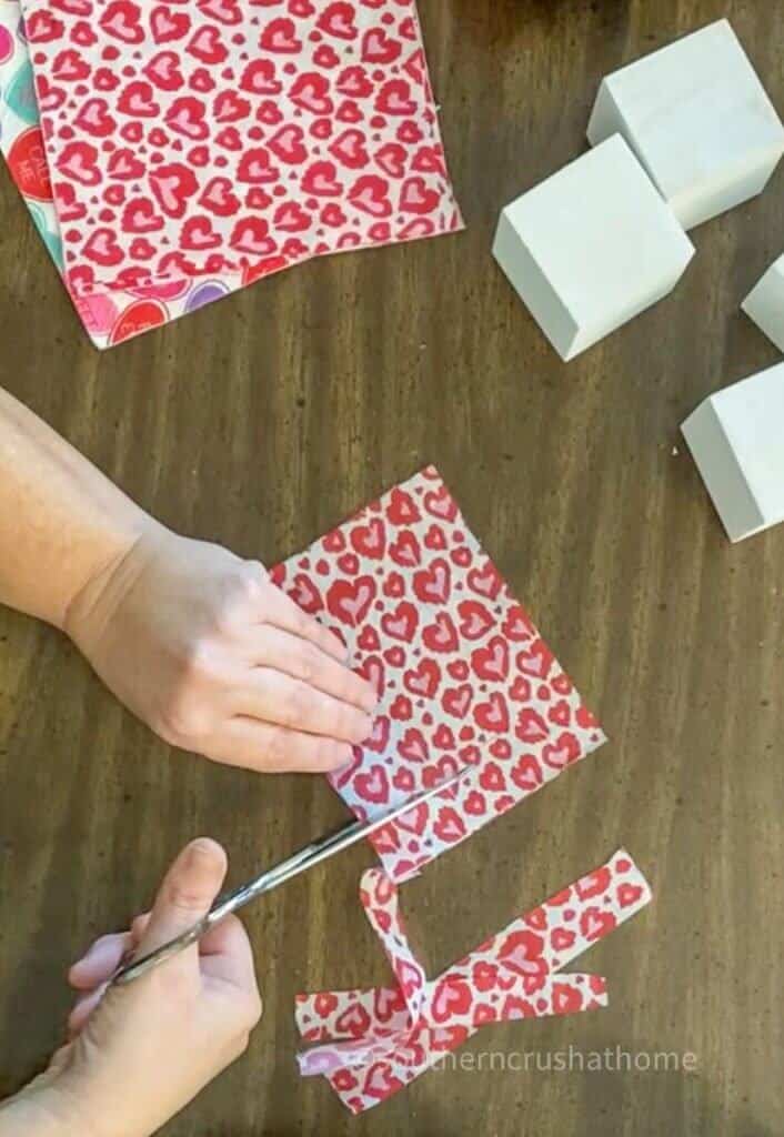 trimming napkin to fit wood blocks