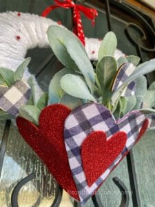 closeup of final valentines heart wreath diy hanging
