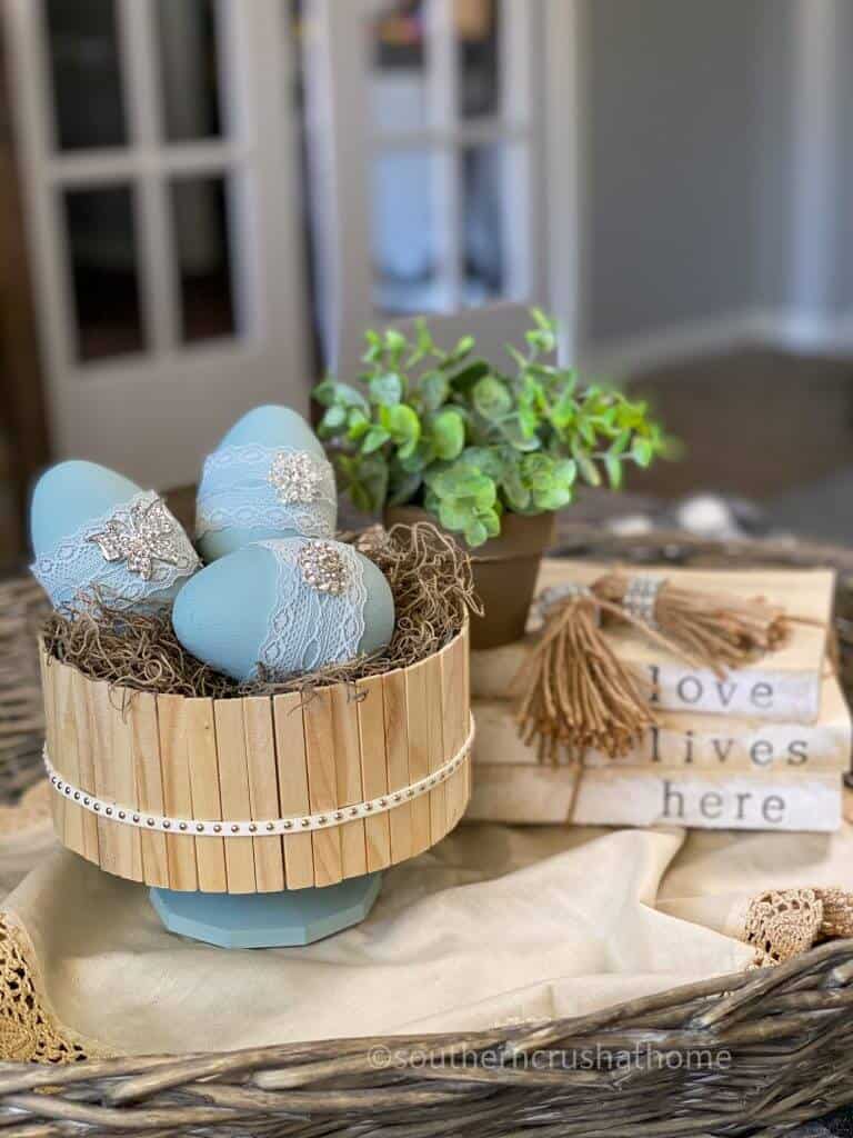 BOHO Dollar Tree decor on table with greenery