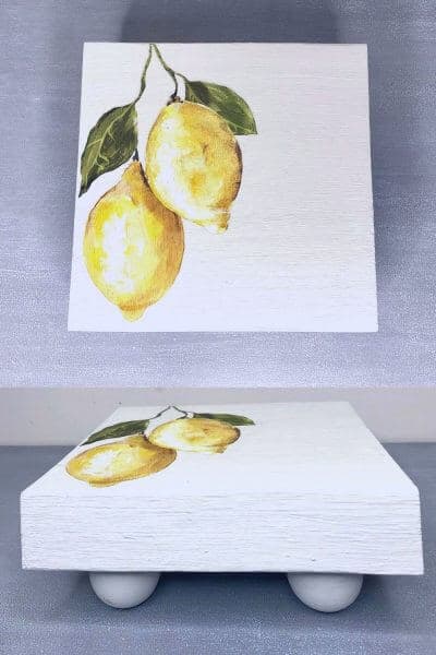 DIY Wooden Trivet painted white with lemons