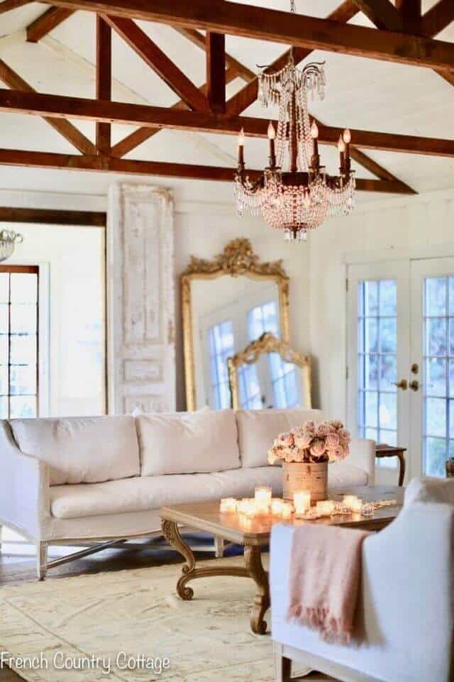 living room with wood beams