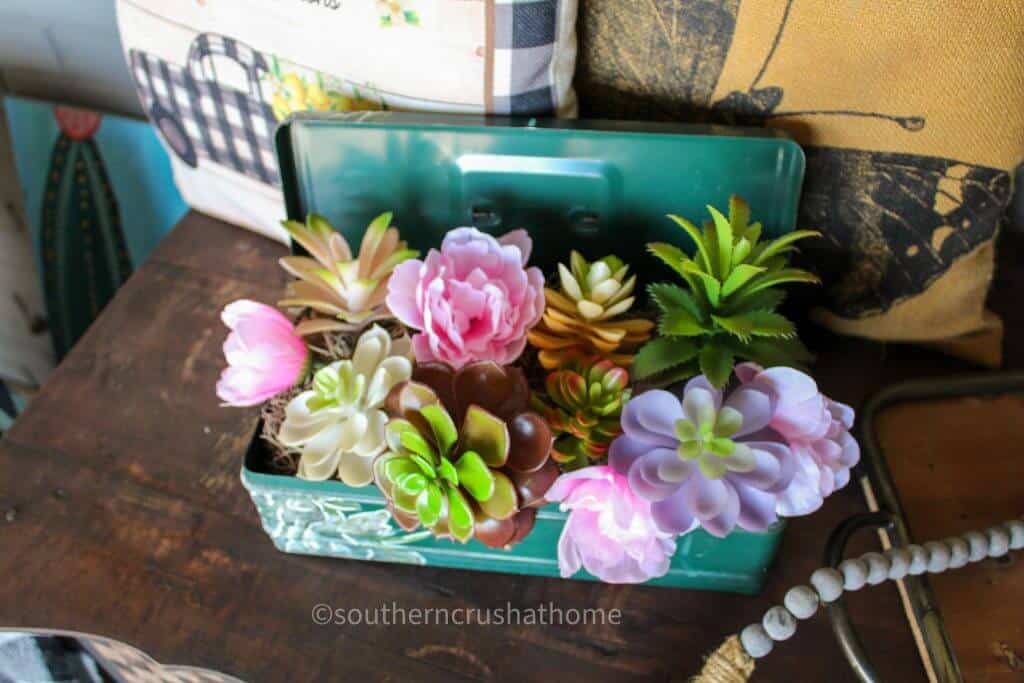 vintage floral toolbox display