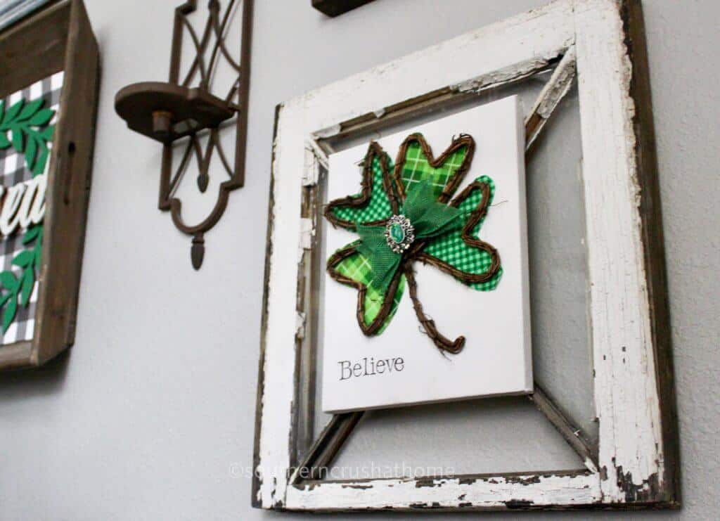 st patricks day shamrock canvas on gallery wall from angle