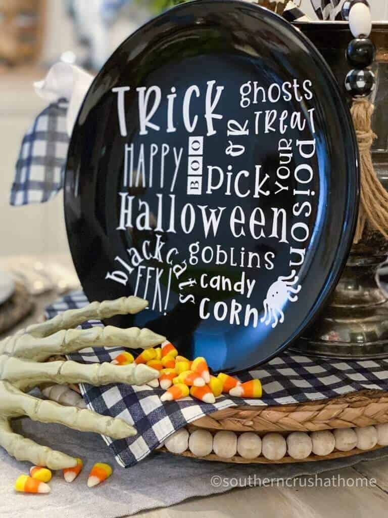 cricut halloween plate with skeleton hand