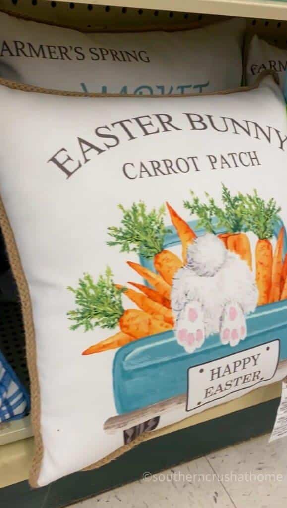 easter bunny pillow with carrots and blue truck