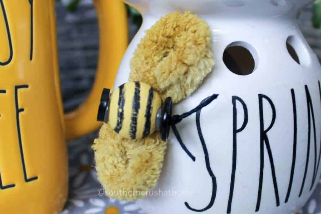 super close up of bumblebee on Rae Dunn inspired bumblebee diy