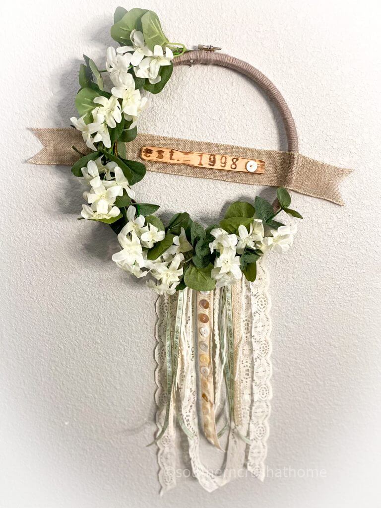 finished BOHO embroidery hoop wedding wreath hanging on wall