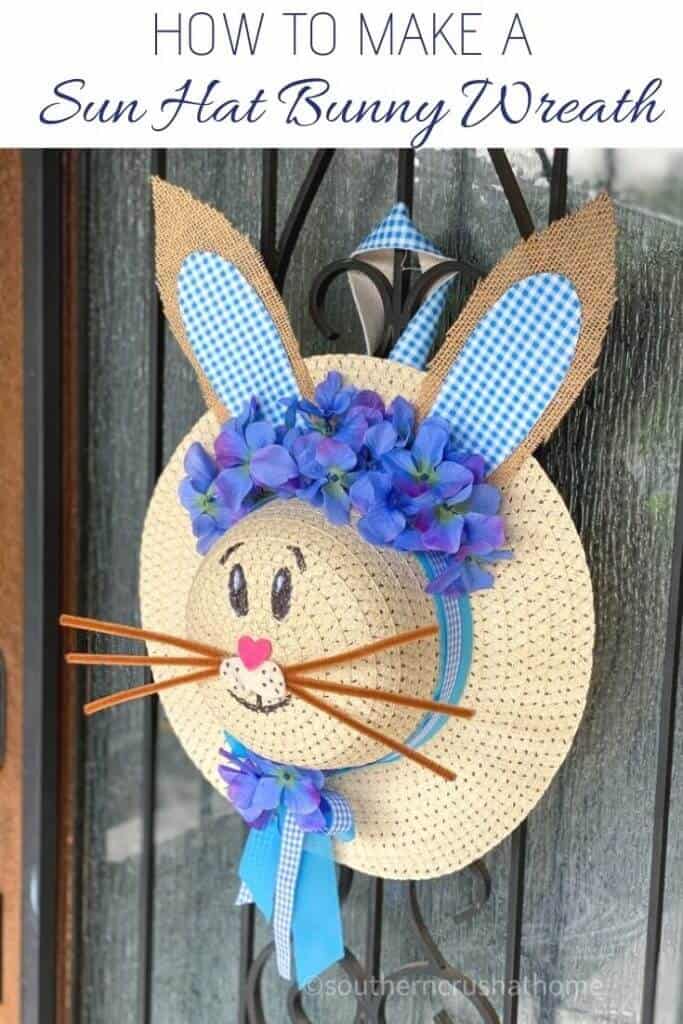 bunny sun hat wreath on front door