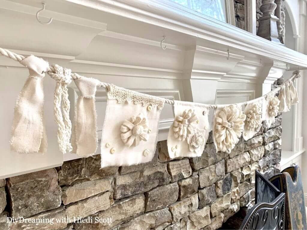 cotton batting flower banner on mantel