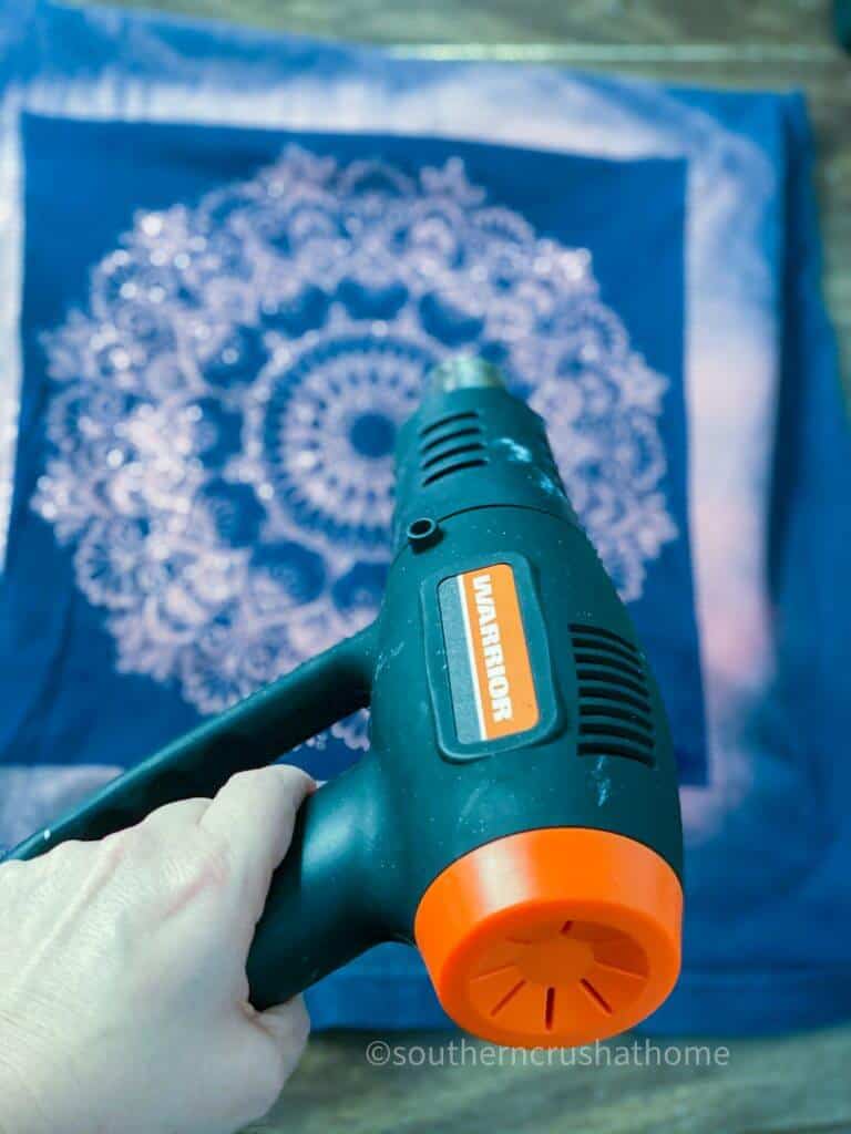 Reverse Tie Dye T-shirt Pillowcase heat gun drying