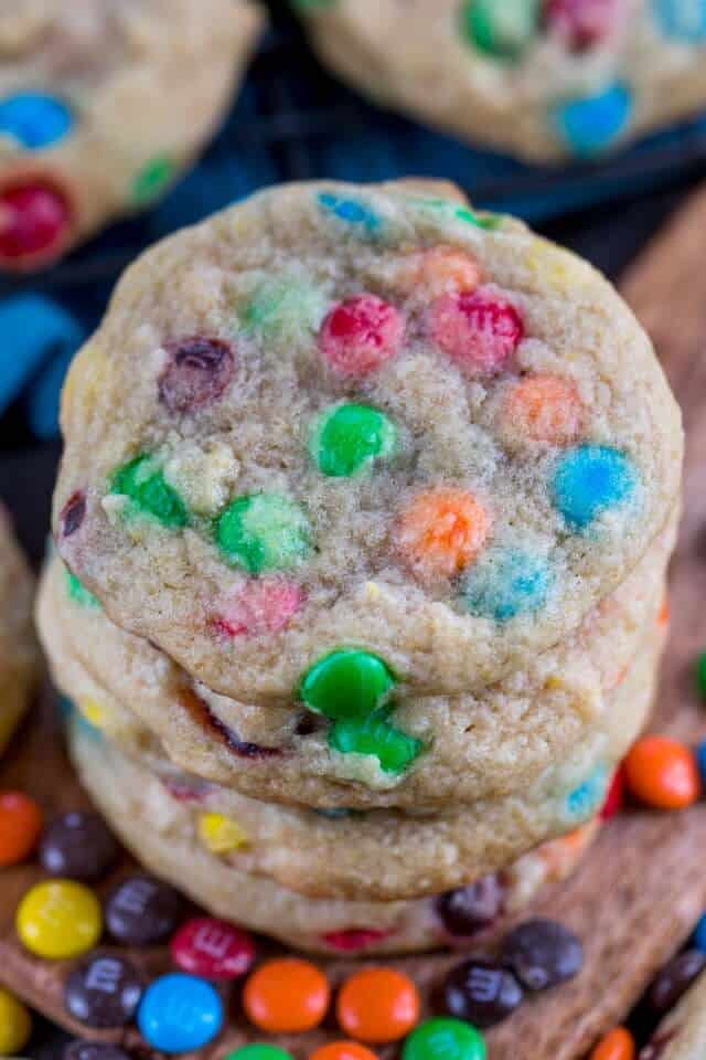 stack of m & m cookies on table