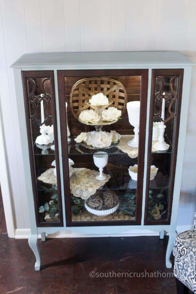 finished vintage cabinet makeover with gray chalk paint