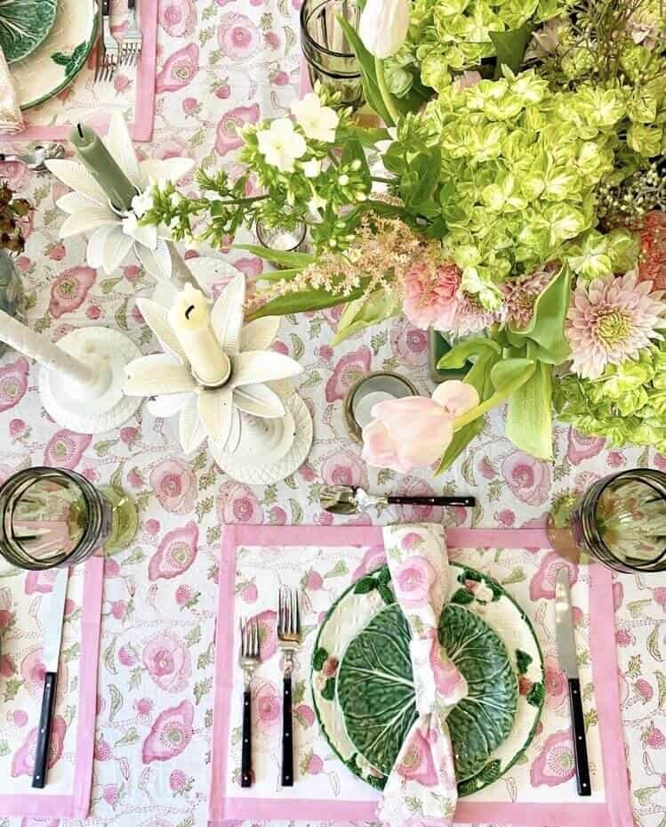 beautiful springtime tablescape with pinks and greens