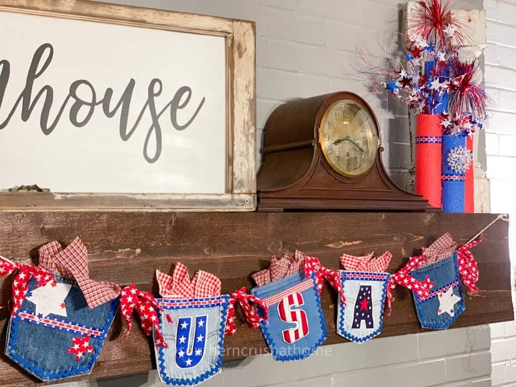 jean pocket patriotic banner on mantel