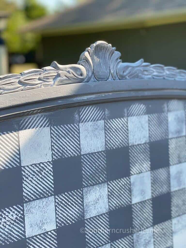 close up of Repurposed Headboard Garden Sign with Buffalo Plaid Stencil