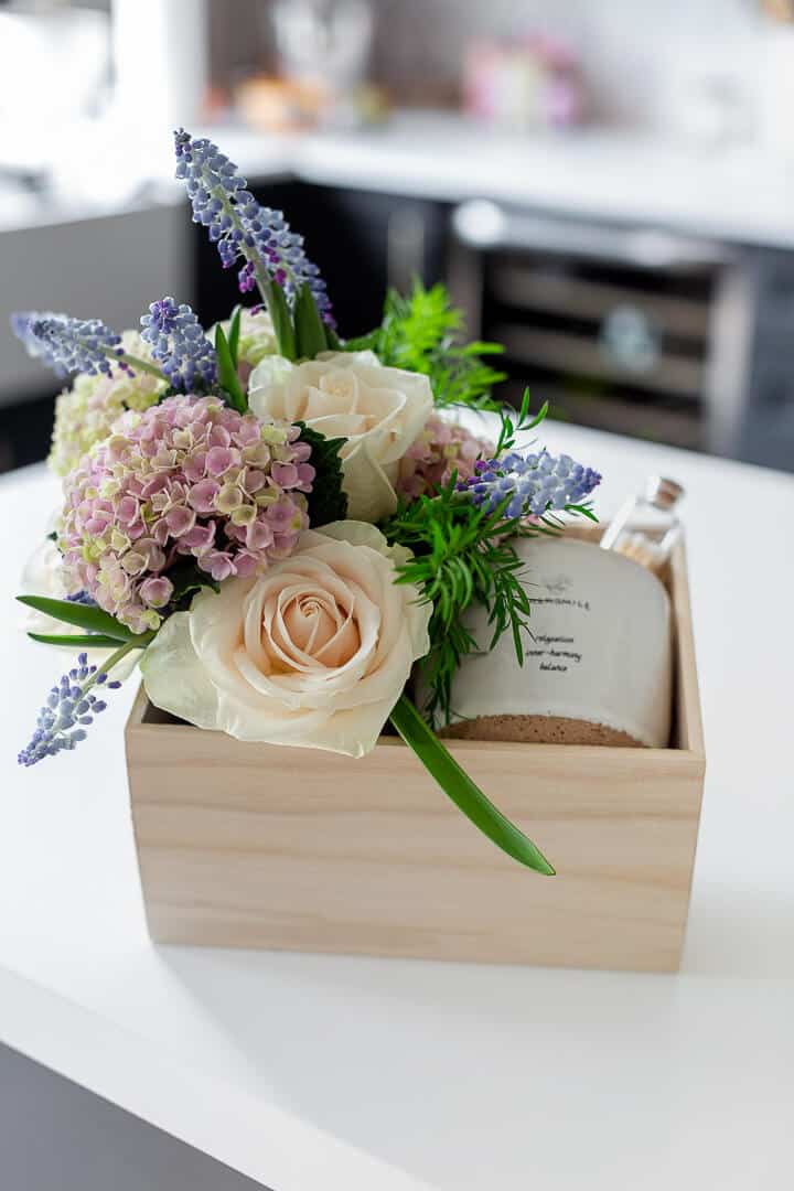 mother's day gift idea in wood box with fresh flowers