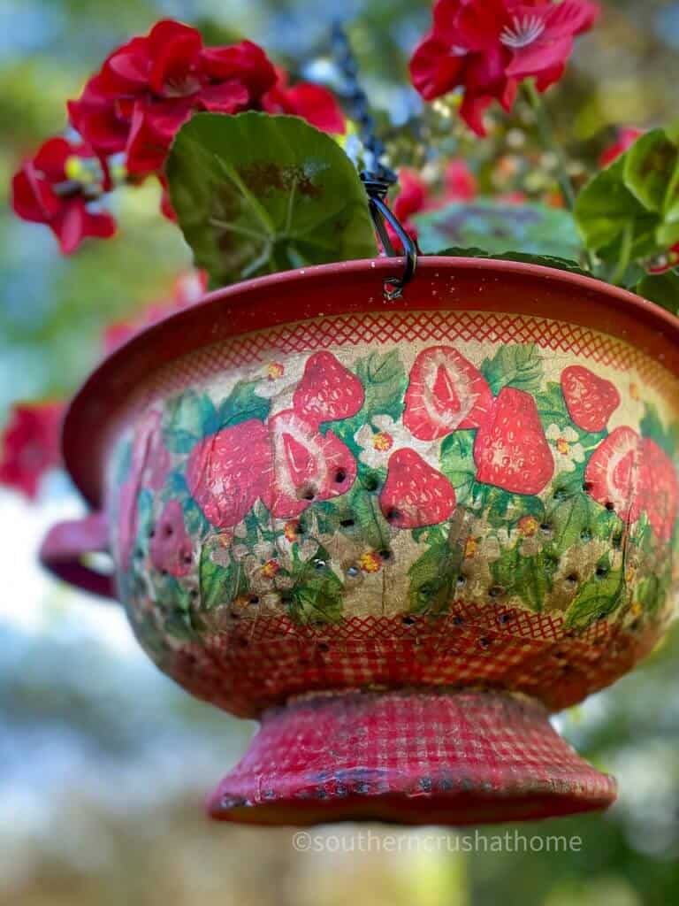 Upcycled Vintage Hanging Colander Planter outside