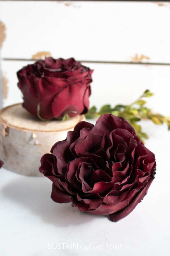 dried red roses with wood slice