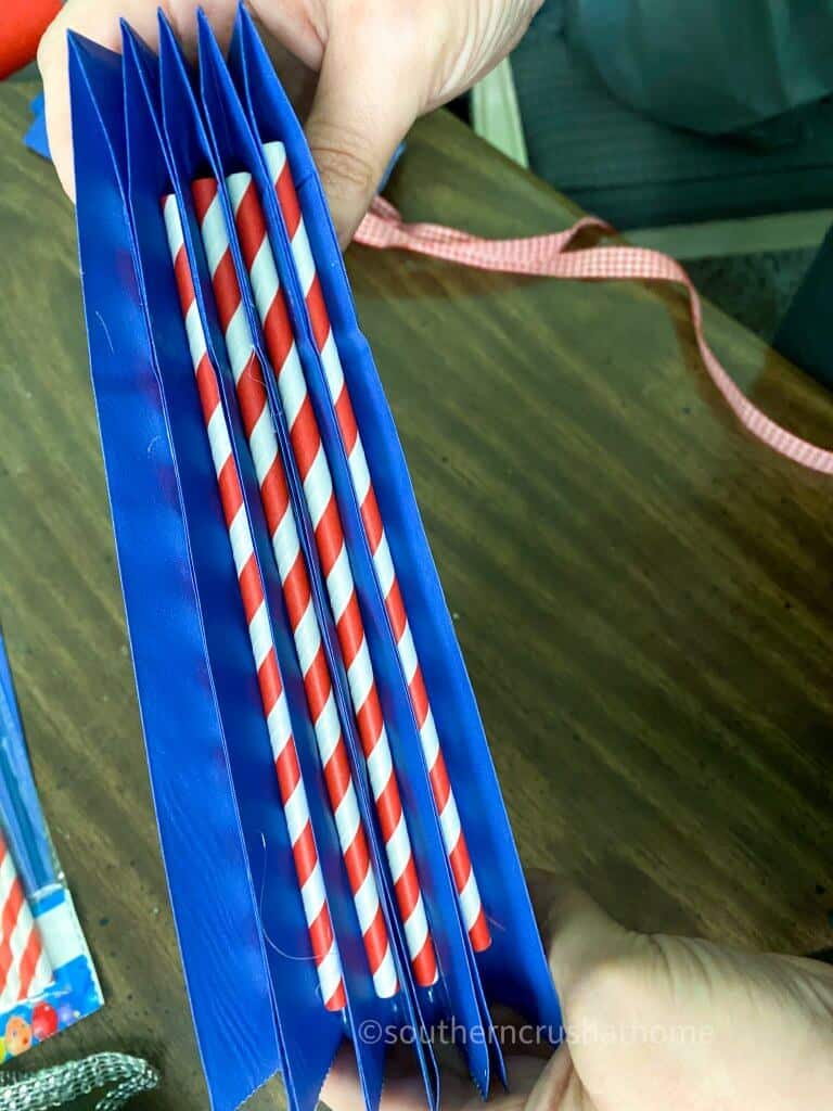 four straws glued into dollar tree gift bags for bunting