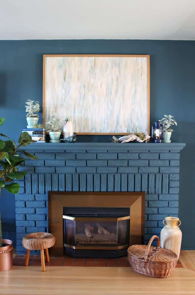 blue painted brick summer mantel