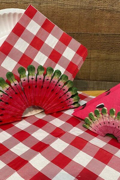 Dollar Tree Paper Plate Napkin Holder on table with napkins and plates