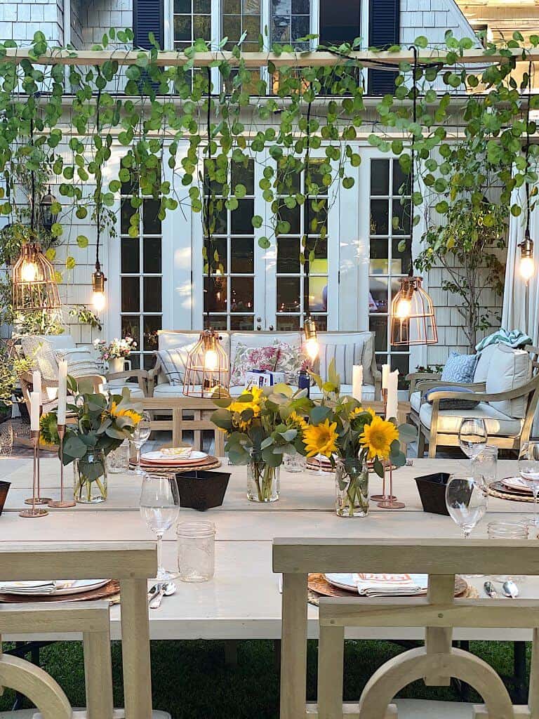 outdoor dining with sunflowers