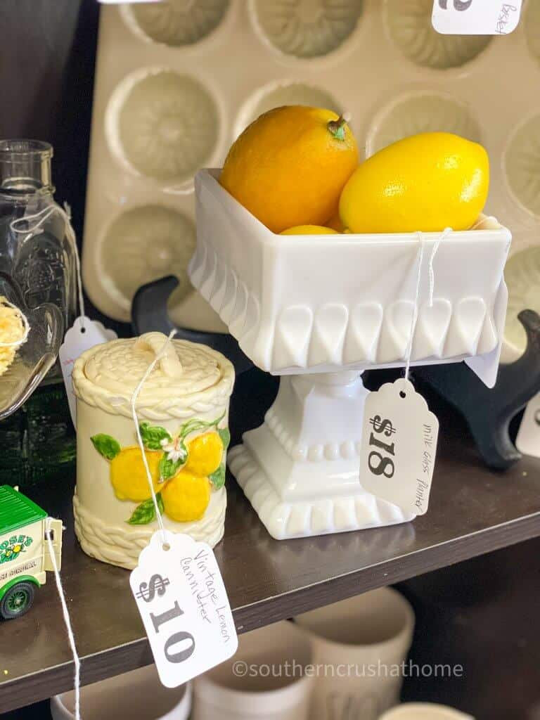 milk glass with lemons display