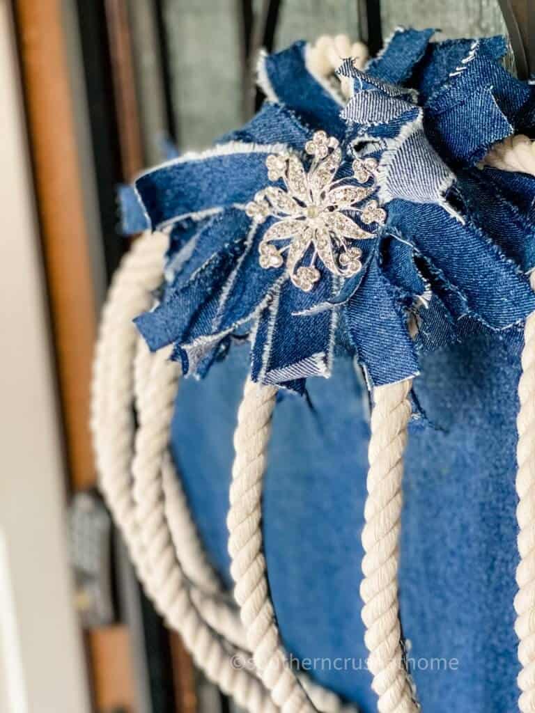 close up of denim pumpkin wreath