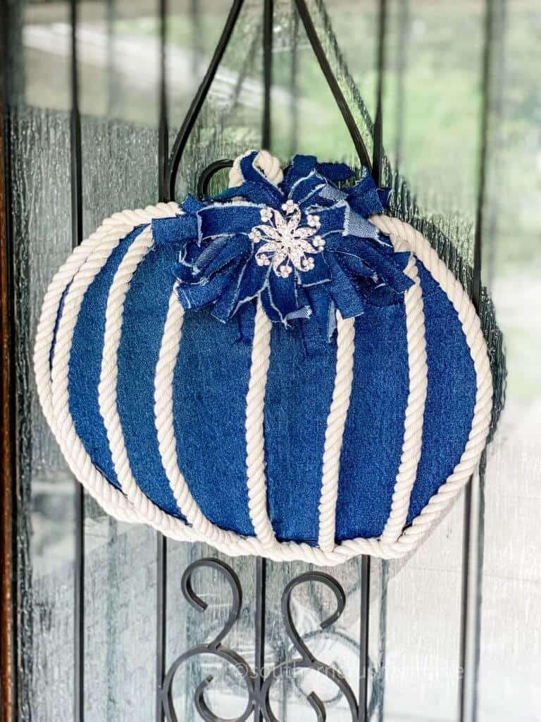 Dollar Tree Pumpkin Wreath Door Decor (featuring a Denim Messy Bow)