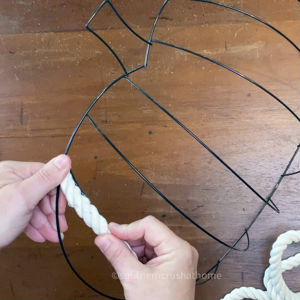 securing rope to wire pumpkin form