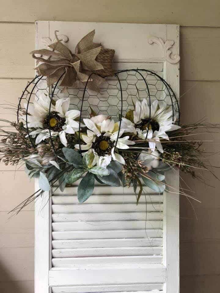 wire pumpkin wreath with sunflowers