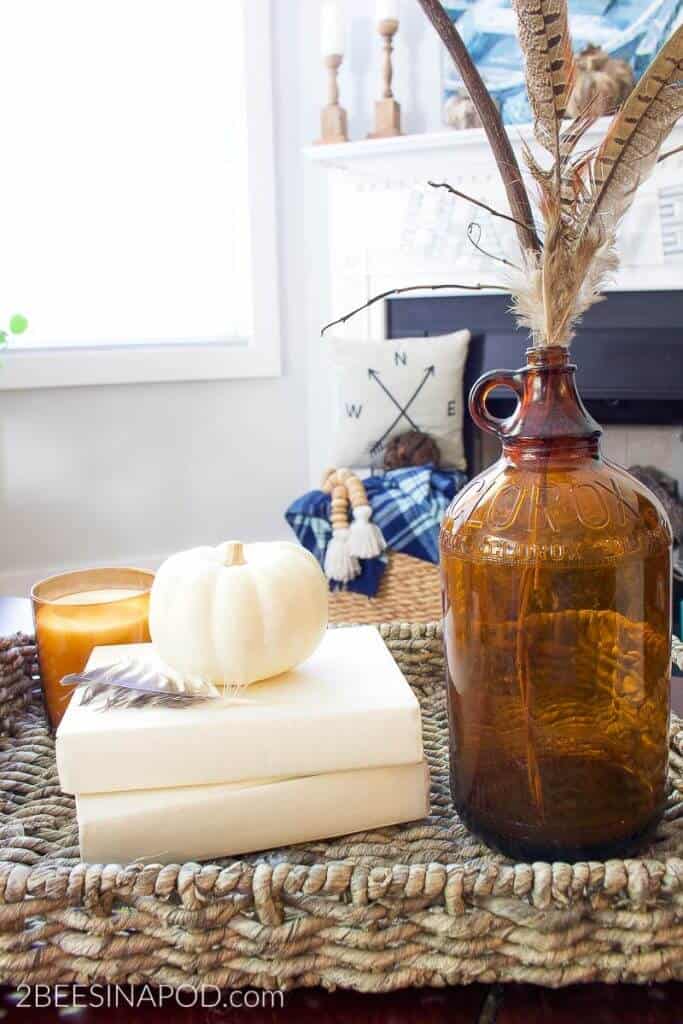 amber glass, feathers and white pumpkin