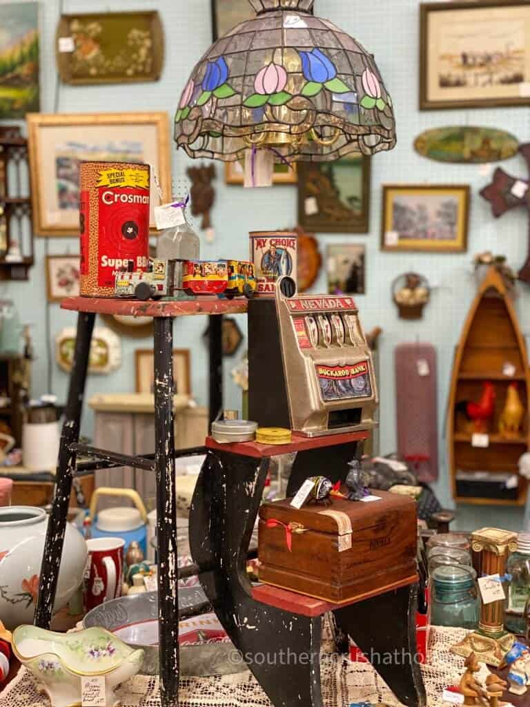 antique mall booth with stool