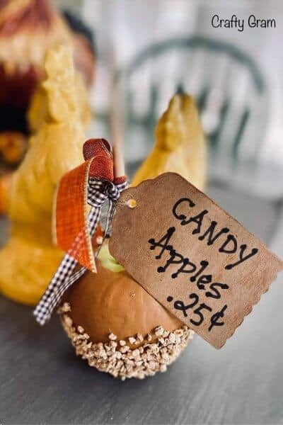 single faux candy apple with tag