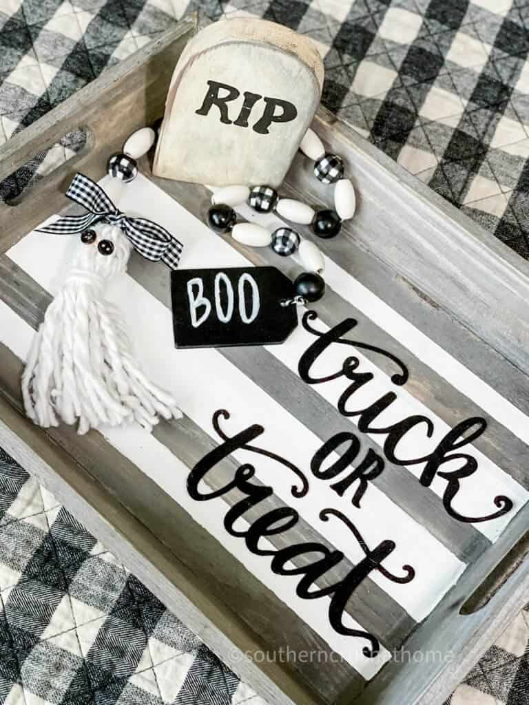 Buffalo Check Wood Bead Garland (with Dollar Tree Mop Head Ghost Tassel)