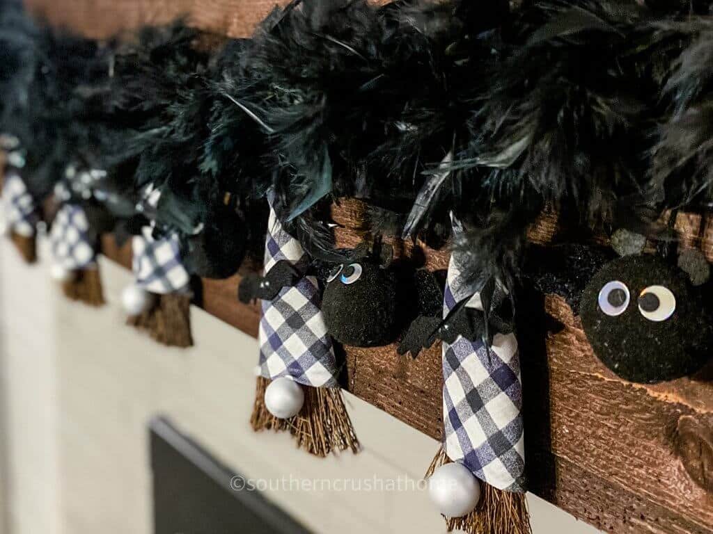 halloween broom gnome banner on mantel