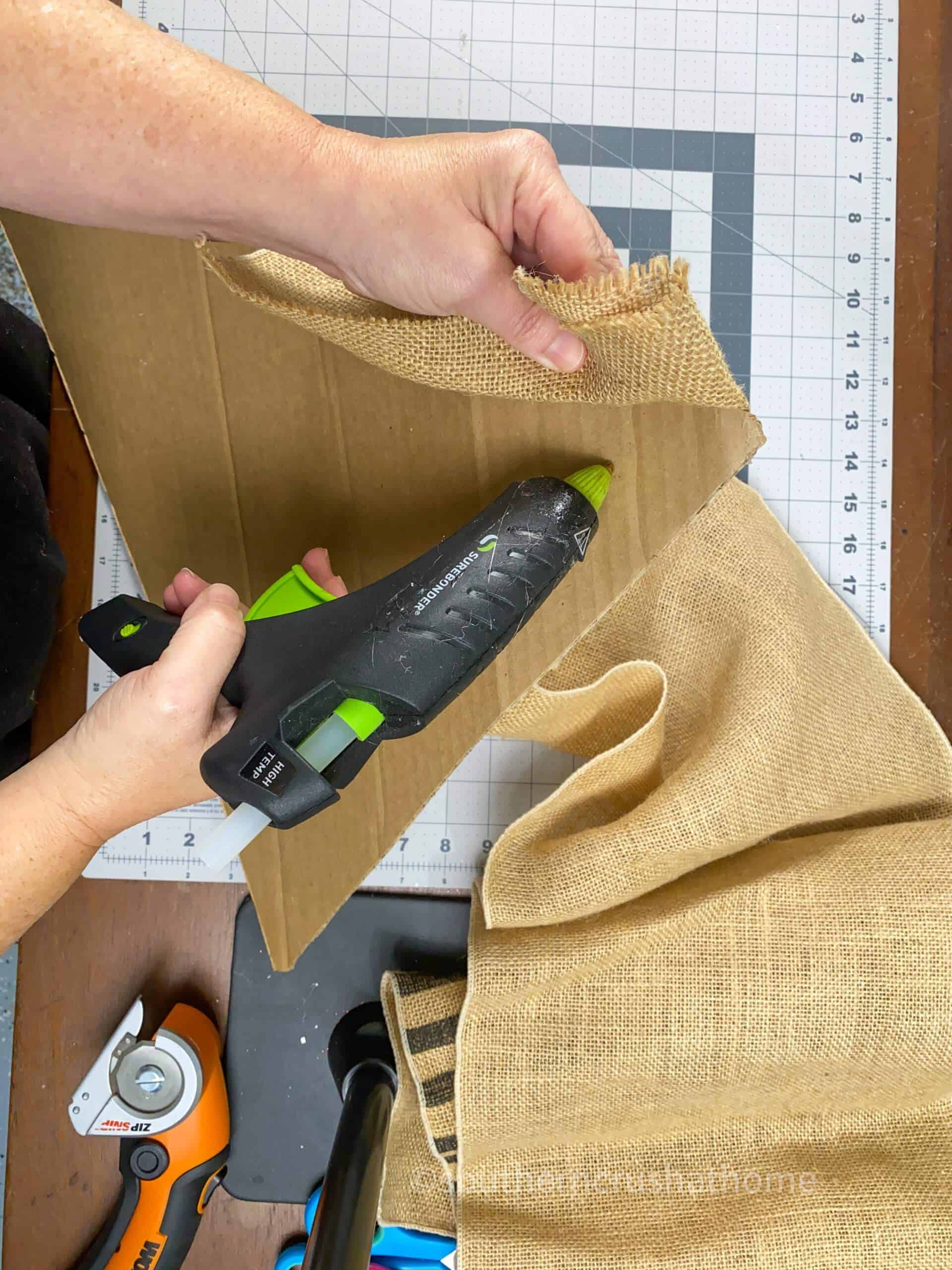 gluing burlap to cardboard