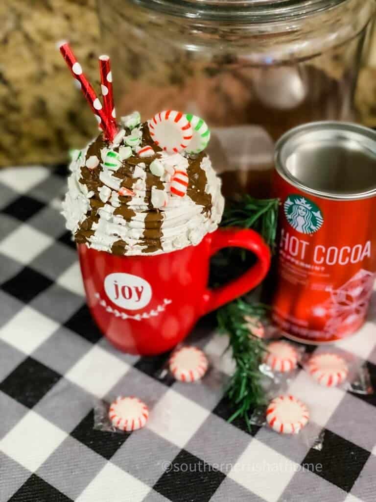 red joy mug with faux whipped cream topper