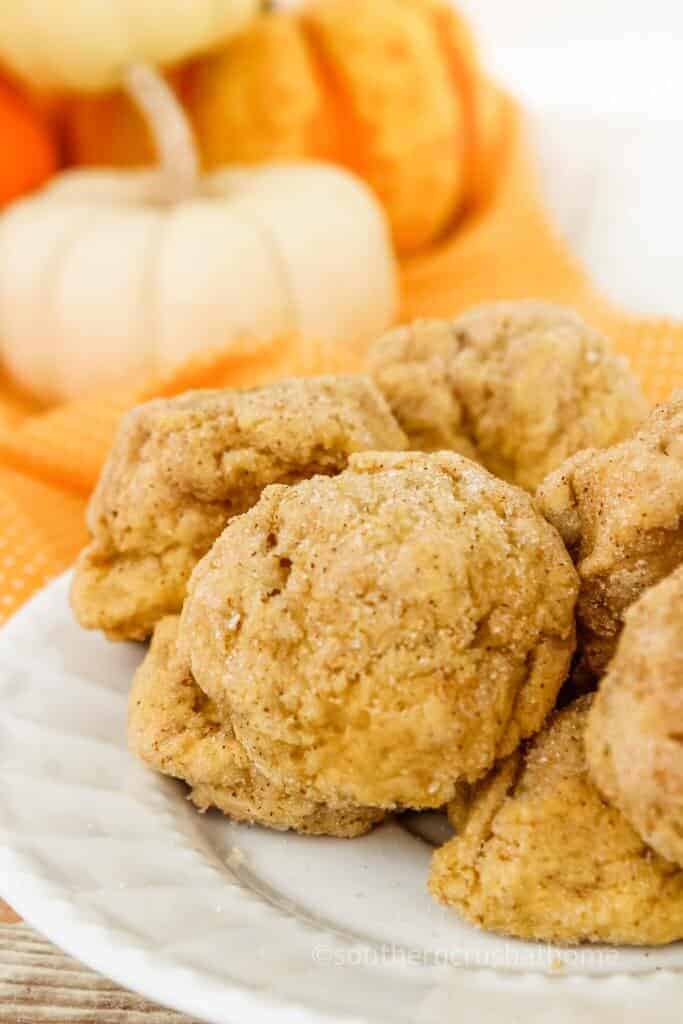 closeup of pumpkin spice cookies stacked with white pumpkin in the background