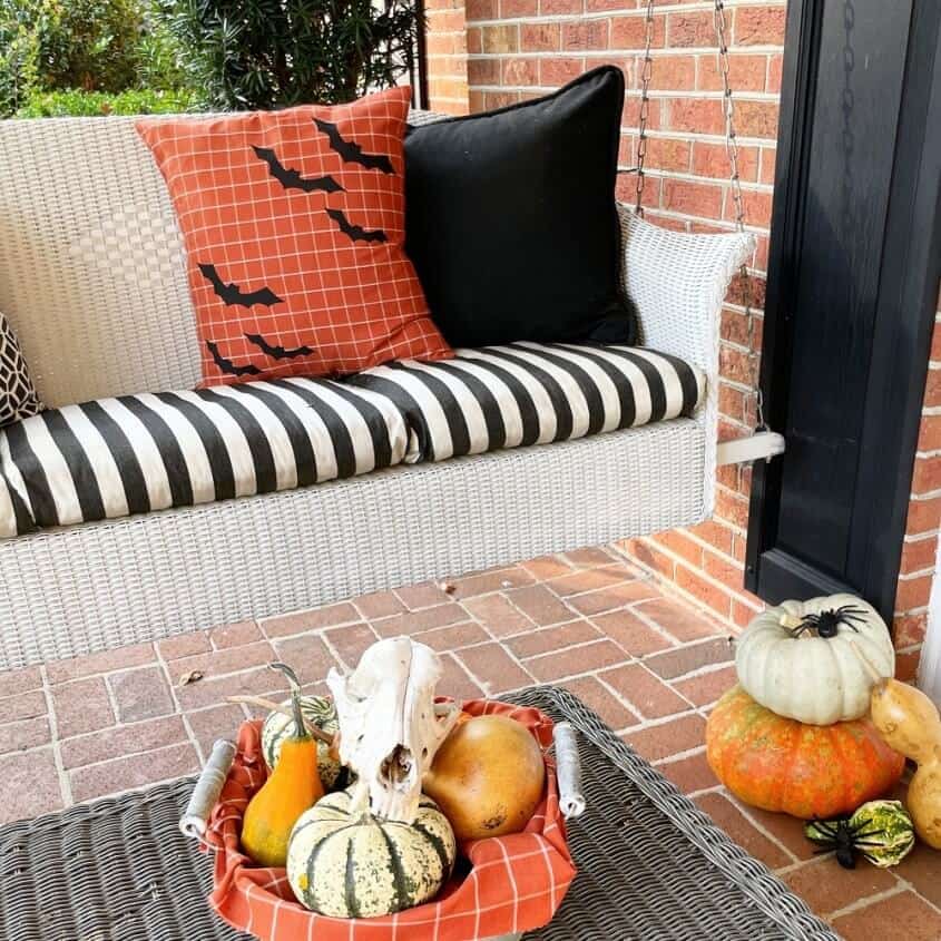 diy Halloween pillow on porch