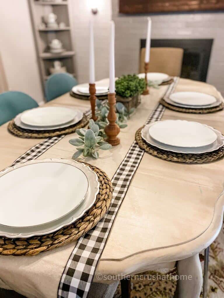 close up of drop cloth table runner