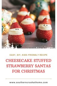 Cheesecake Stuffed Strawberry Santas pin with text overlay