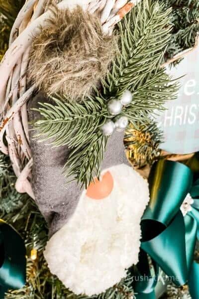 close up of gnome on wreath
