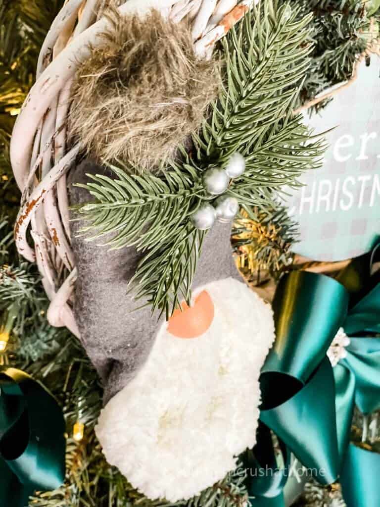 close up of gnome on wreath