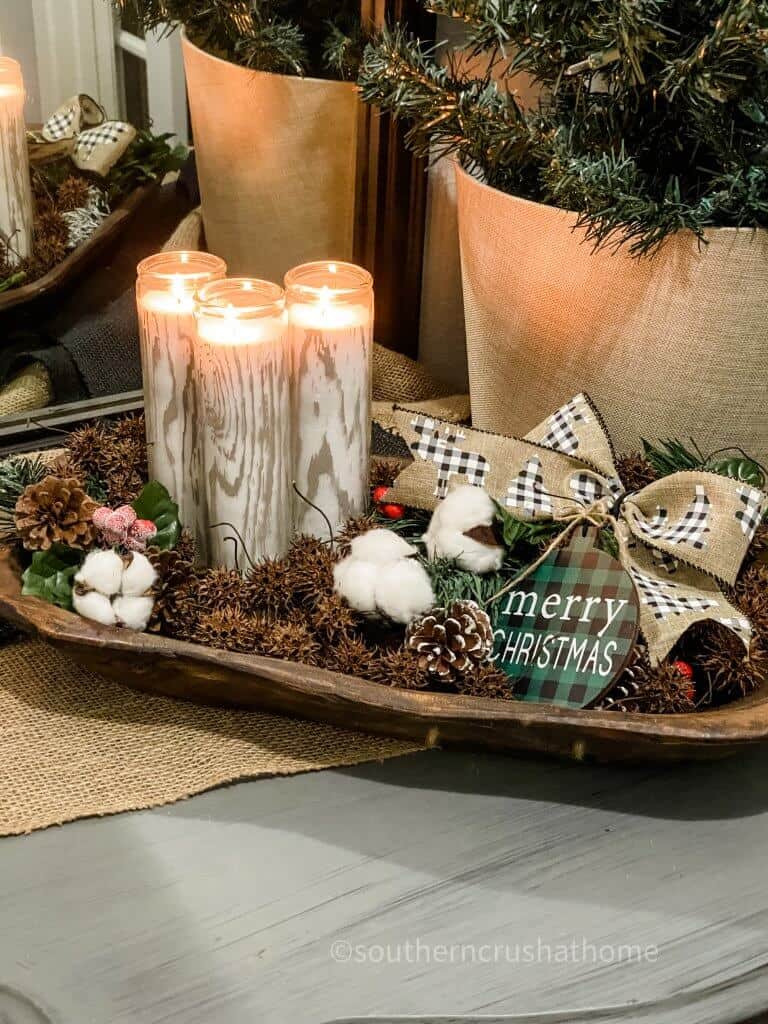 faux birch logs in dough bowl