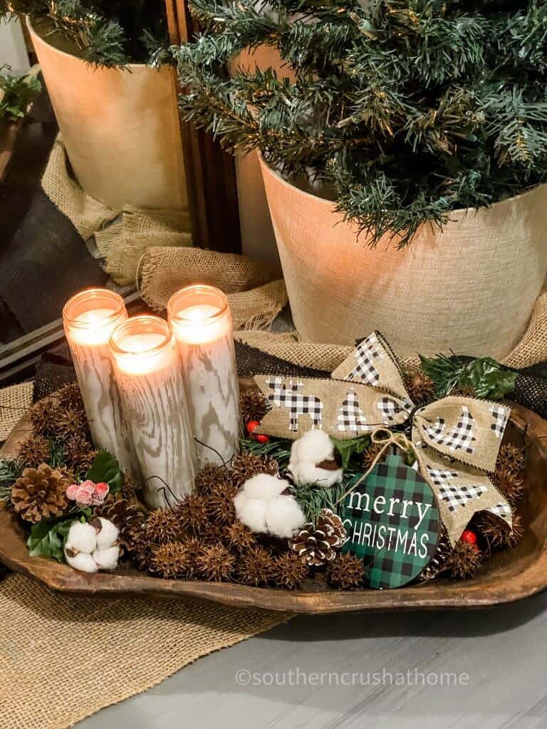 faux birch logs in dough bowl