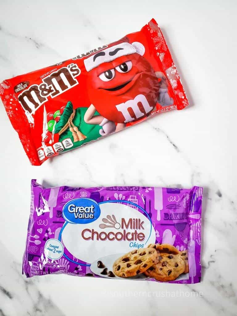 ingredients for m&m's holiday chocolate bark