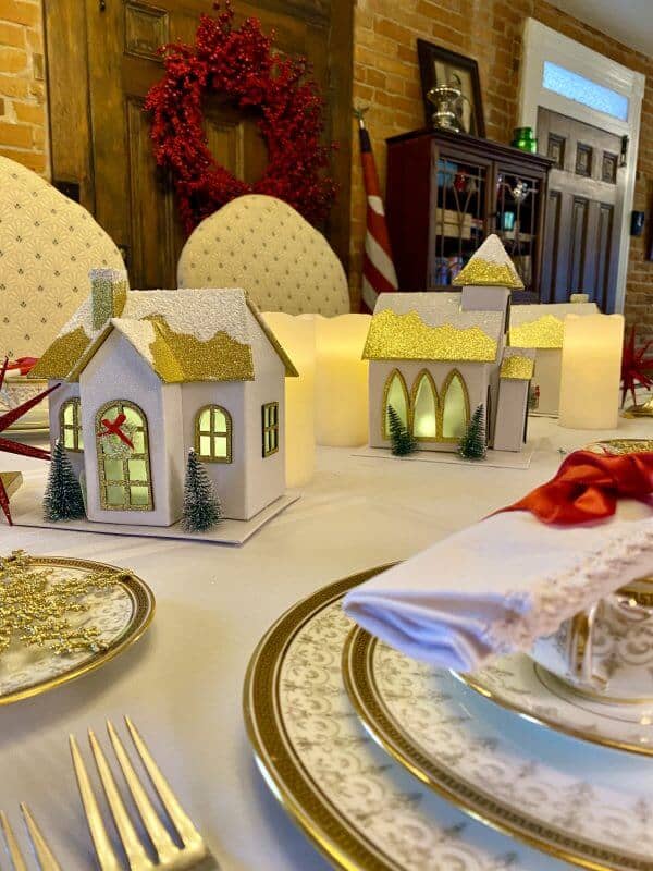 Christmas tablescape with houses