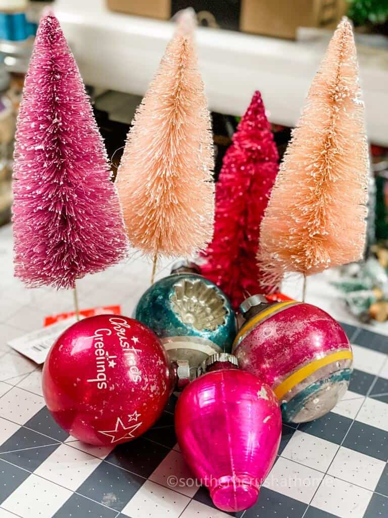 ornaments and bottle brush trees